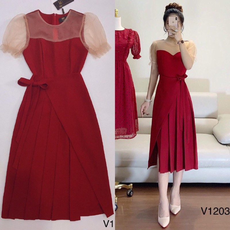 [ xả kho ] MiD Đầm đỏ cách điệu cánh tiên, thắt nơ eo V1203 kèm ảnh thật