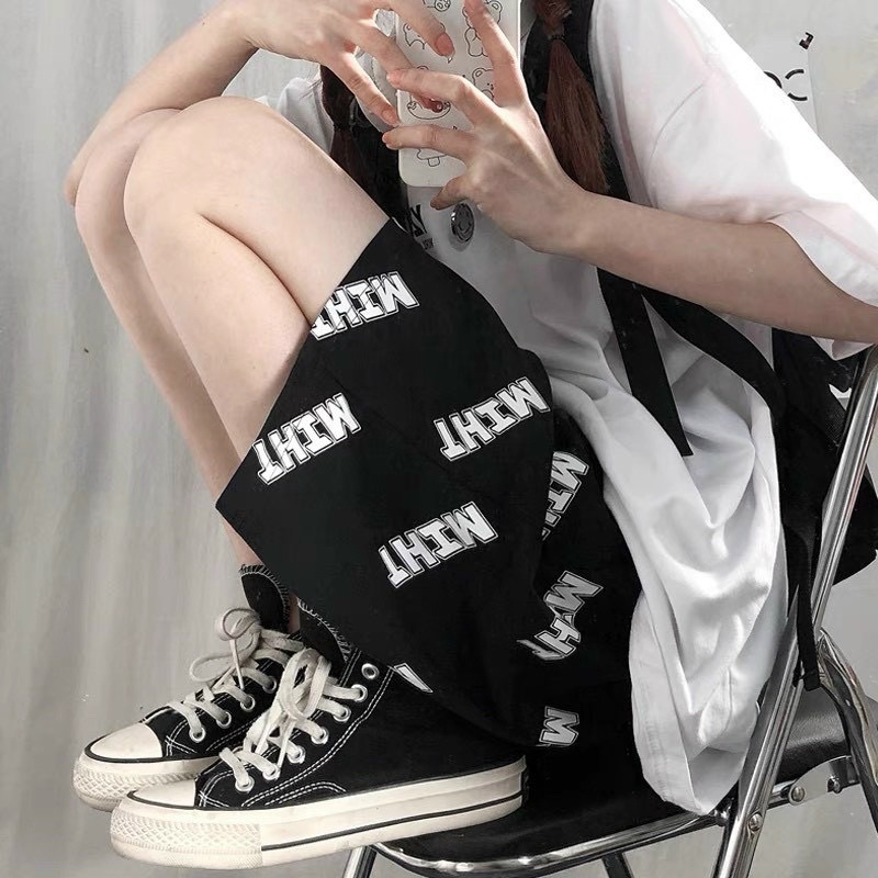 Quần Short  Quần đùi cạp chun in hình MIHT màu đen sooc ngủ ống rộng mặc ở nhà Ulzzang PHULA nữ FREESHIP