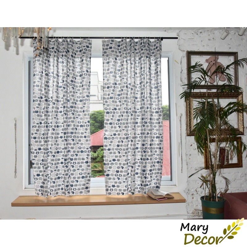 Rèm cửa sổ dán tường phòng ngủ phòng khách vải canvas họa tiết vintage trẻ trung Mèo kitty nền trắng R-K06