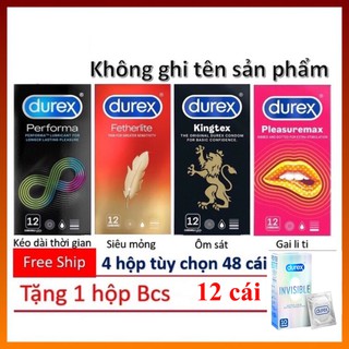 ⚡XẢ KHO⚡ COMBO 4 hộp Bao cao su DUREX PERFOMA, KINGTEX, INVISIBLE, PLEASUREMAX 48 chiếc
