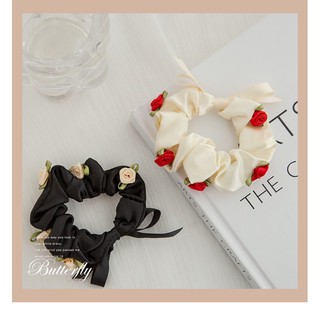 Cột tóc scrunchies lụa Hàn Quốc đính nơ và hoa hồng, phụ kiện tóc dễ thương