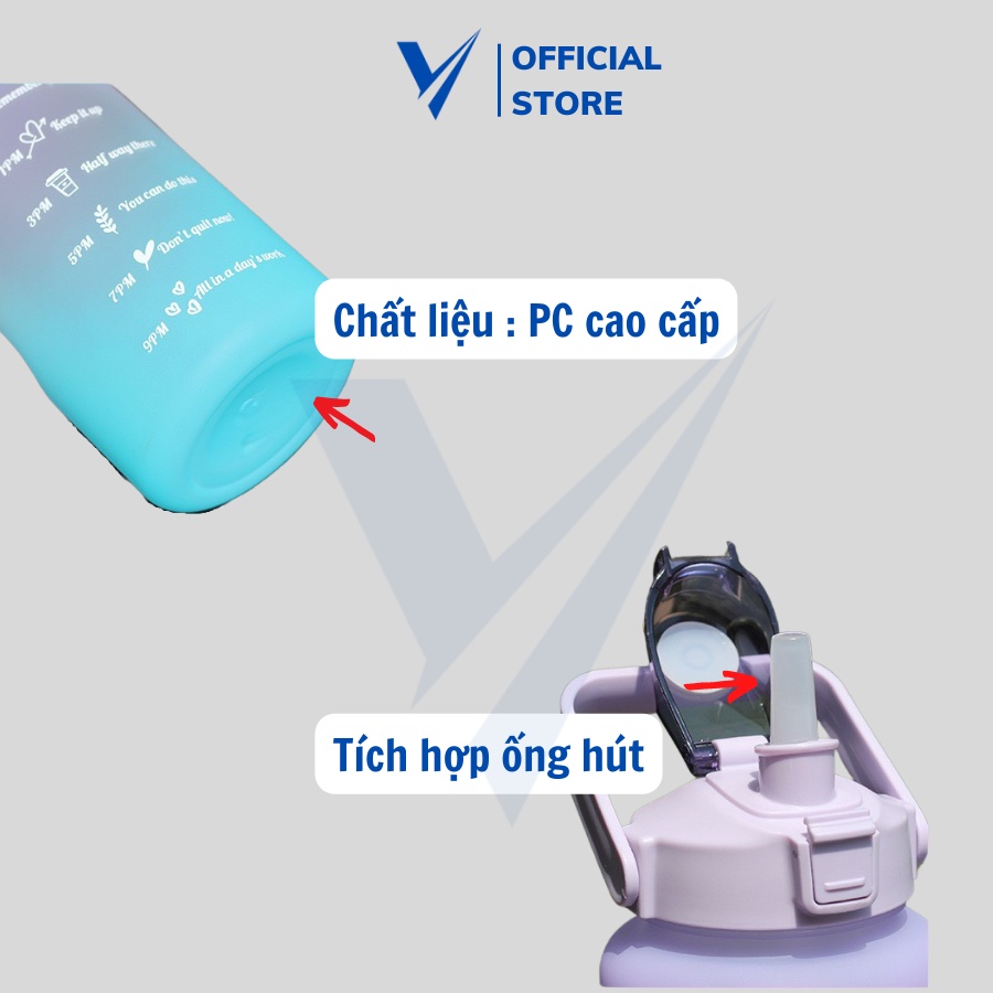 Bình nước 2 lít chia vạch tặng kèm sticker, dành cho người hay quên uống nước, nhắc thời gian uống nước đúng giờ