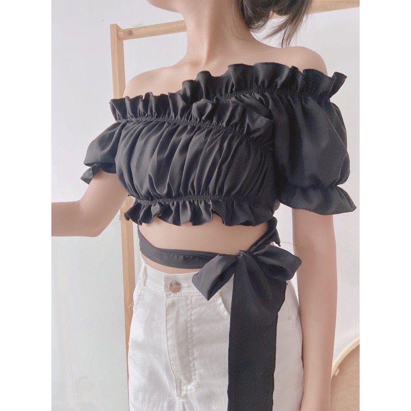 Áo Croptop Đắp Chéo Nơ Eo - Áo Croptop Cổ Chữ V Bèo Thân Buộc Nơ LaCa