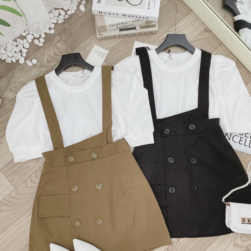 : Set áo tay bo phồng tiểu thư mix yếm kaki 2 màu đủ size kèm ảnh thật trải sàn