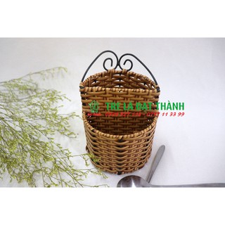 Ốngs tròn đựng đũa bằng nhựa đan giả mây, ống đan mây đựng bàn chải đán răng