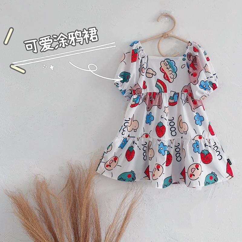Đầm Tay Phồng Cổ Vuông In Họa Tiết Hoạt Hình Hàn Quốc Dễ Thương Cho Bé Gái