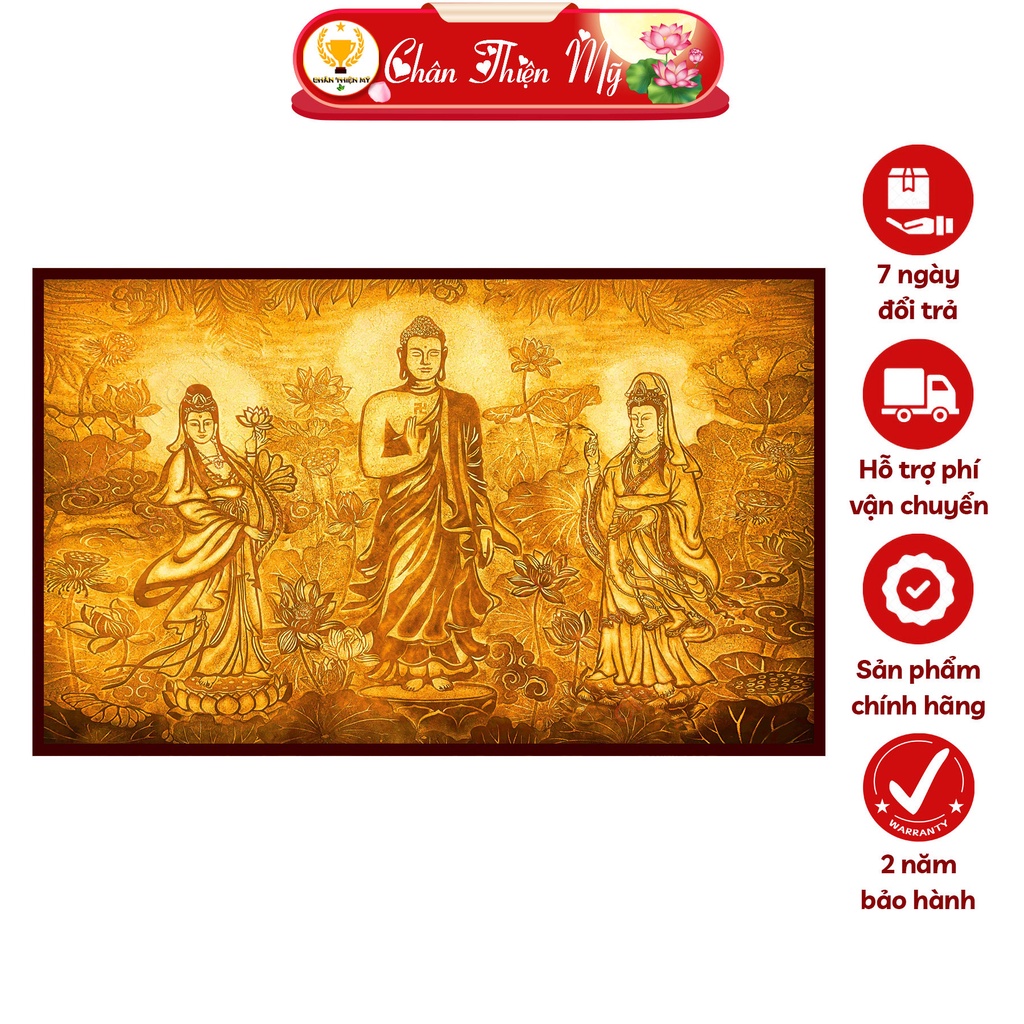 Hào Quang Phật Tây Phương Tam Thánh In Tranh Trúc Chỉ Ngang CHÂN THIỆN MỸ, Đèn Trang Trí Bàn Thờ,Treo Phòng Thờ TC-TN-19
