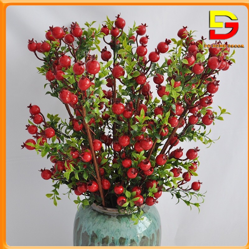 Cành Lựu Giả - Lựu Đỏ Phú Quý Tài Lộc Dài 63CM Trang Trí Nhà Cửa Đón May Mắn DG-39