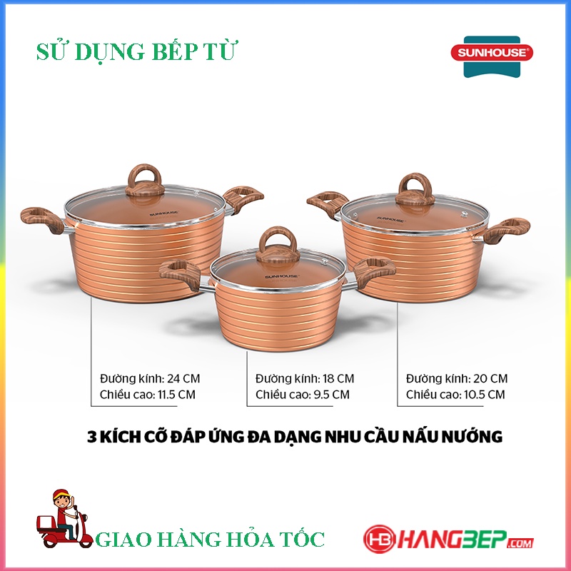 Bộ 3 nồi ceramic chống dính Sunhouse SHG2003MCB - model mới 4.2022 -  Sử dụng bếp từ