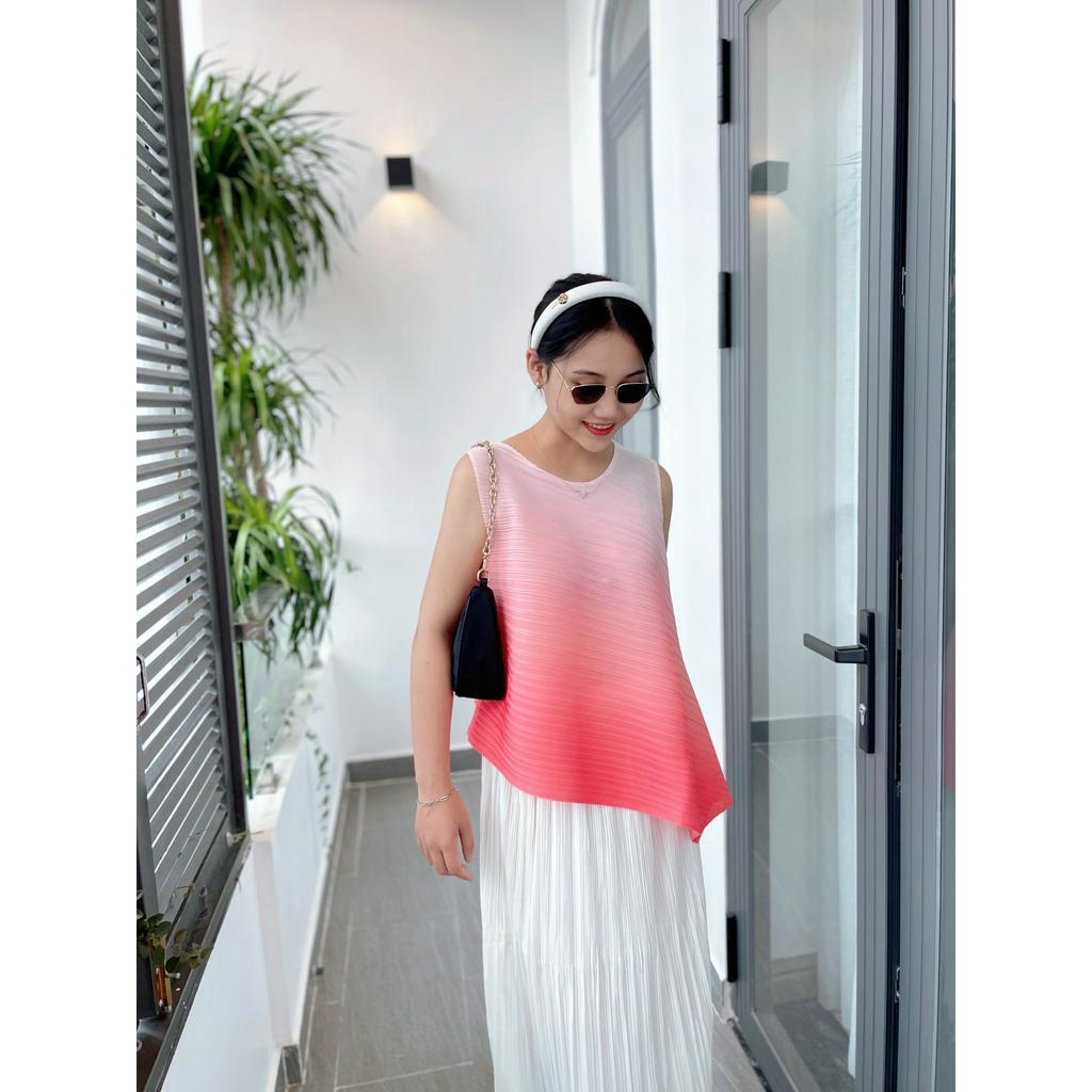 (HÀNG SẴN) Set Áo lò xo cọc tay màu loang trendy và Chân váy thun dập ly trắng thanh lịch, Freesize co dãn nhiều