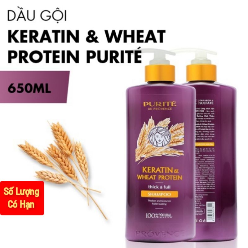 Dầu gội Purité Keratin & Wheat Protein dày bồng bềnh 650ml