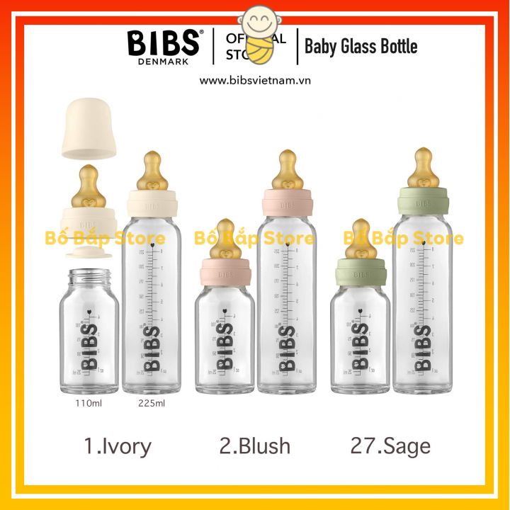 Bình Sữa BIBS Thủy Tinh ⚡𝟭𝟬𝟬% CHÍNH HÃNG⚡ Núm Ti Cao Su Siêu Mềm 110ml - 225ml