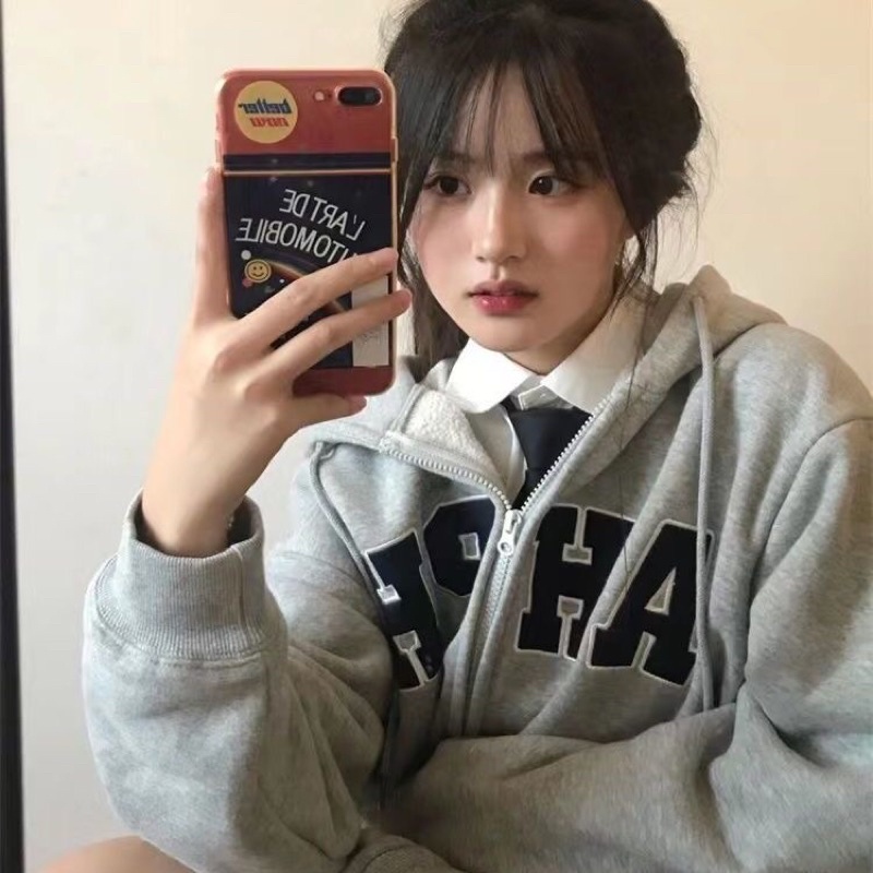 Áo khoác hoodie zip có mũ AHPH nỉ bông dáng rộng ulzzang