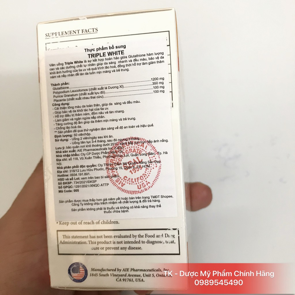 (CHÍNH HÃNG) TRIPLE WHITE Viên Uống Trắng Da Glutathione 1200mg, Chống Nắng, Giảm Thâm Nám, Chống Lão Hoá - Hộp 50 Viên | Thế Giới Skin Care