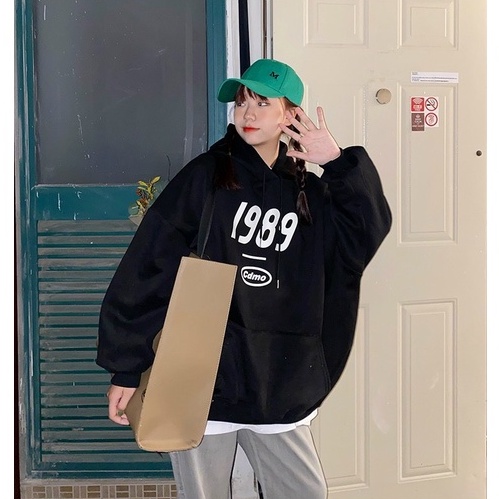 Áo hoodie nam nữ chất nỉ cotton form rộng in 1989 mũ to 2 lớp, áo hoodie nỉ bông màu đen ulzzang tay bo phong cách Hàn
