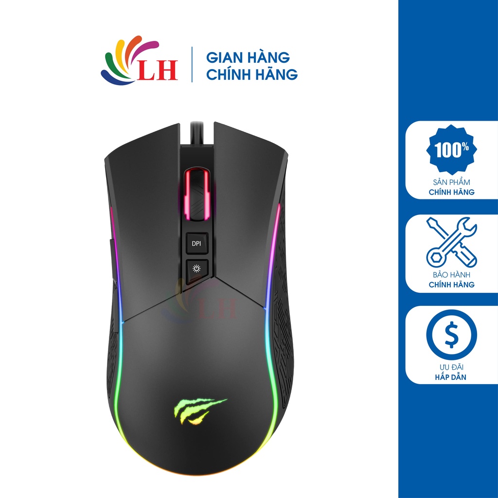 Chuột có dây Gaming Havit MS1001S - Hàng chính hãng - LED RGB đầy ấn tượng, DPI 800-4800, kiểu dáng nhỏ gọn