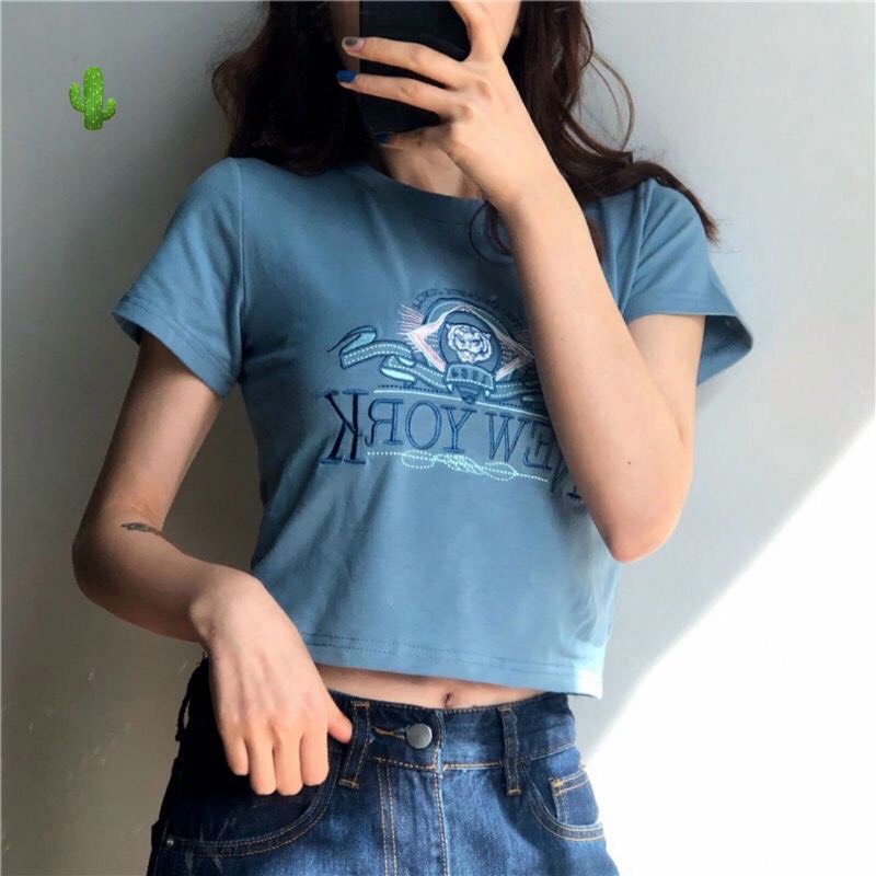 Áo Croptop Tay Ngắn Dáng Ôm Hoạ Tiết Thêu Chữ NEWYORK Phong Cách Mùa Hè