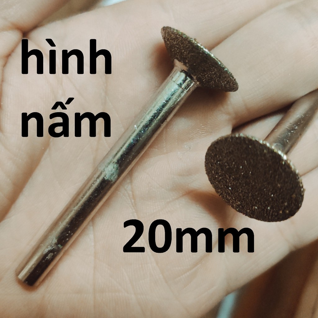 Mũi mài kim cương, mũi mài khắc đá, ngọc, hình nấm 20mm, cán 6mm