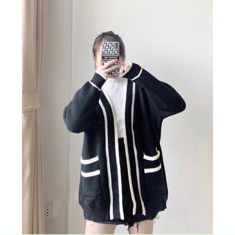 ÁO CARDIGAN, ÁO KHOÁC Nữ Form Rộng  Viền Túi Đen Trắng