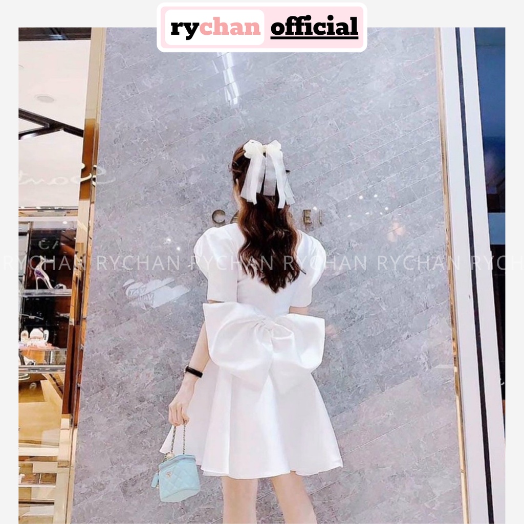 Đầm Xòe Trắng Cổ Vuông Tay Phồng Đính Nơ Lưng Lót Trong Dày Dặn - DX0123