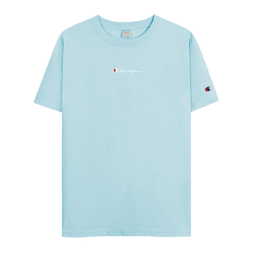Áo Thun Champion Xanh Da Trời Thêu Chữ Màu Trắng Ở Giữa Chất Liệu 100% Cotton Thoáng Mát Form Rộng Thoải Mái