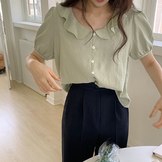 Áo Sơ Mi Tay Ngắn Phối Bèo Thời Trang Dành Cho Nữ 43802