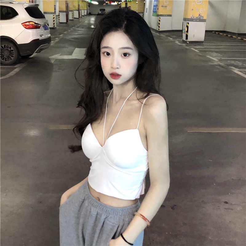 Áo croptop Xiaozhainv hai dây màu trơn có đệm ngực thời trang mùa hè quyến rũ cho nữ