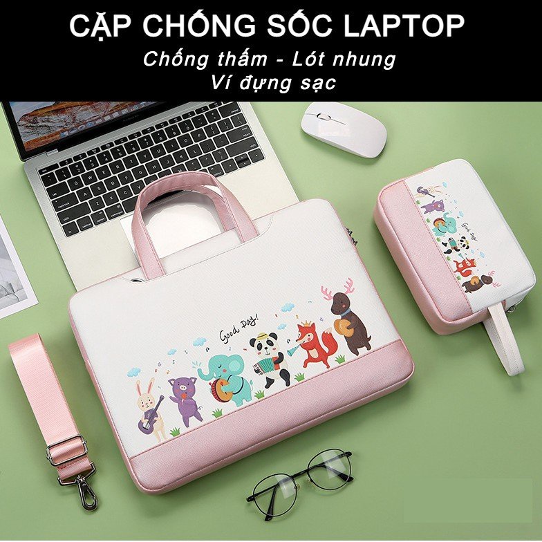 Cặp đựng laptop chống sốc , macbook, có quai đeo chéo, hình Panda có đai gài hành lý
