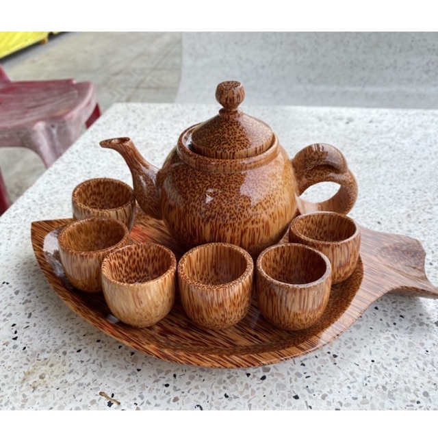Bộ bình trà dĩa chiếc lá gỗ dừa / Bình trà gỗ dừa