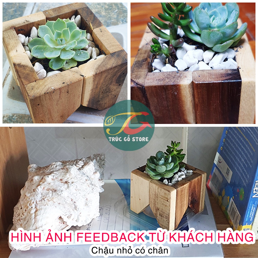 Chậu gỗ tự nhiên hình vuông có chân size 9x9 cm trồng cây, hoa kiểng, tiểu cảnh, sen đá