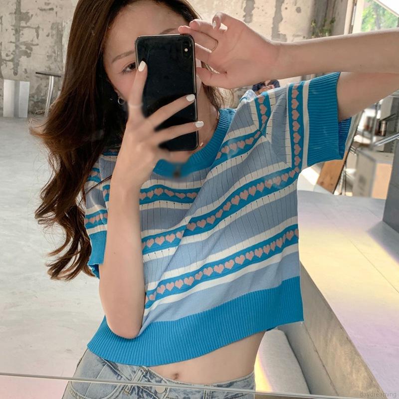Áo croptop dệt kim tay ngắn kẻ sọc kiểu Hàn Quốc cho nữ