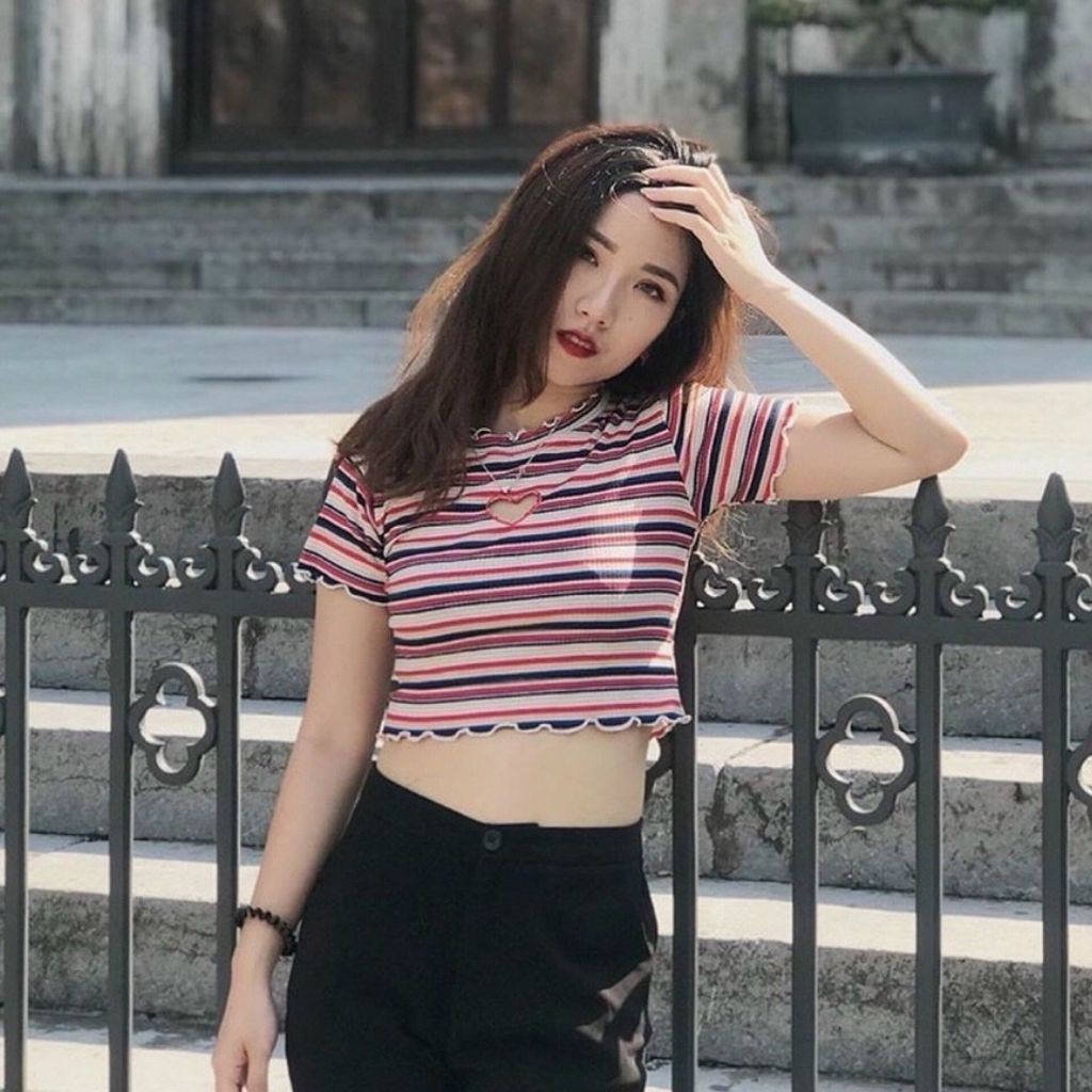 Áo Croptop Ngắn Tay Nữ GenY Khoét Tim Sọc Nhiều Màu Chất Thun Gân Co Giãn Tốt | BigBuy360 - bigbuy360.vn