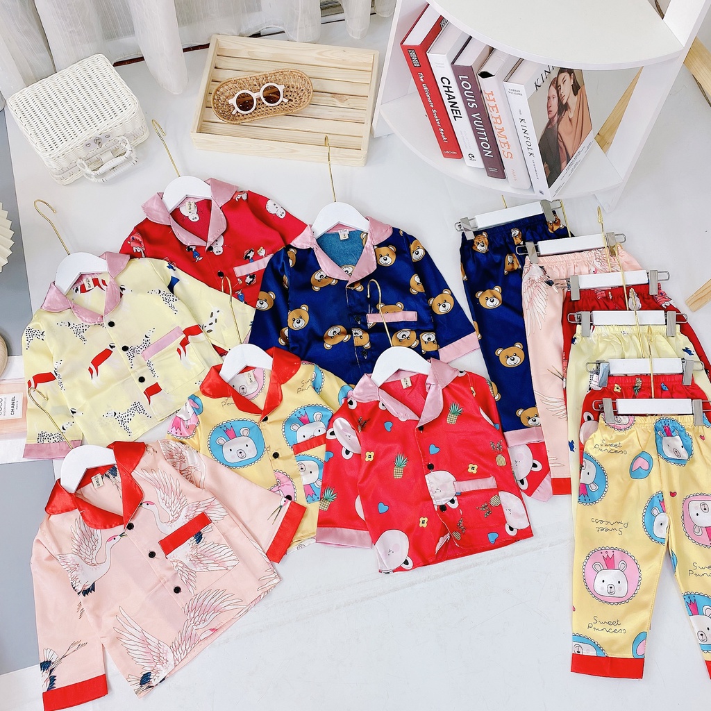 [DT84] Bộ Dài Tay Pyjama Vải Lụa Hình Thú Cho Bé Cực Xinh Chất Vải Lụa Hàn Cao Cấp Size Từ 8-18Kg VNXK Nhật-Hàn