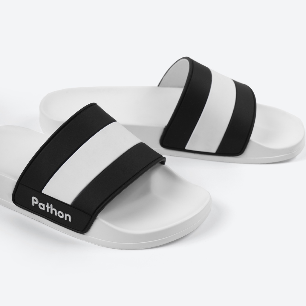 Dép nam nữ quai ngang slipper Pathon quai PVC và đế PU trắng quai sọc trắng đen lớn SD39