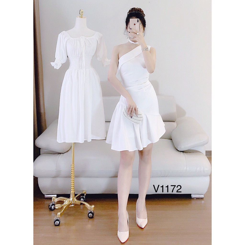 Váy ôm trắng đuôi cá chéo vai kèm vòng choker V1172 - DVC phân phối chính thức (Kèm ảnh thật trải sàn do shop tự chụp)