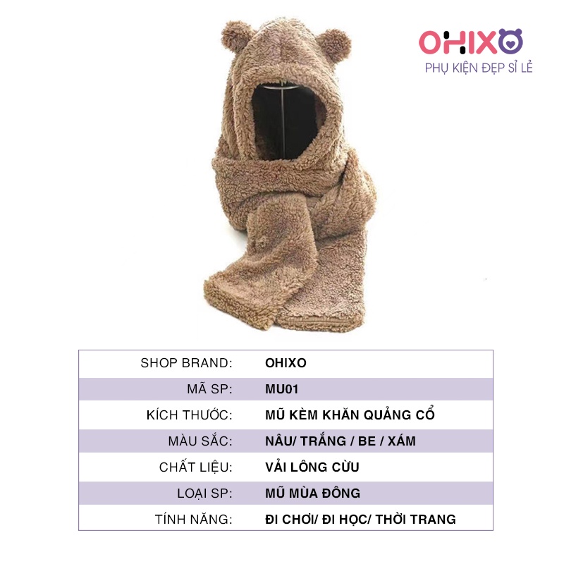 Mũ lông cừu tai gấu kèm khăn quàng cổ và găng tay ấm áp ulzzang Hàn Quốc cho nữ mùa thu đông MU01 OHIXO
