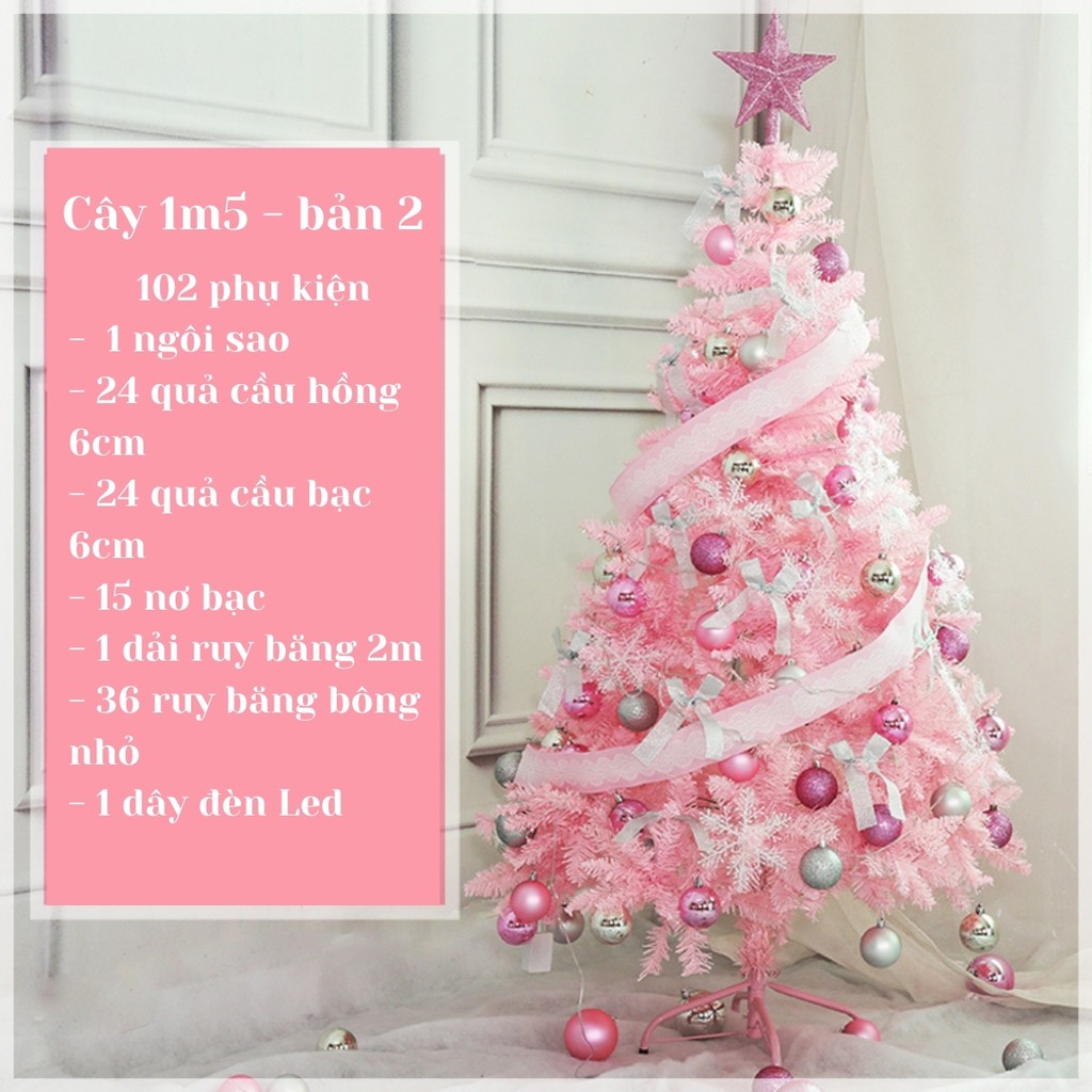 Cây thông Noel 1m5, 1m2, 60cm màu hồng Decor đi kèm hơn 100 phụ kiện trang trí phòng cách Hàn Quốc