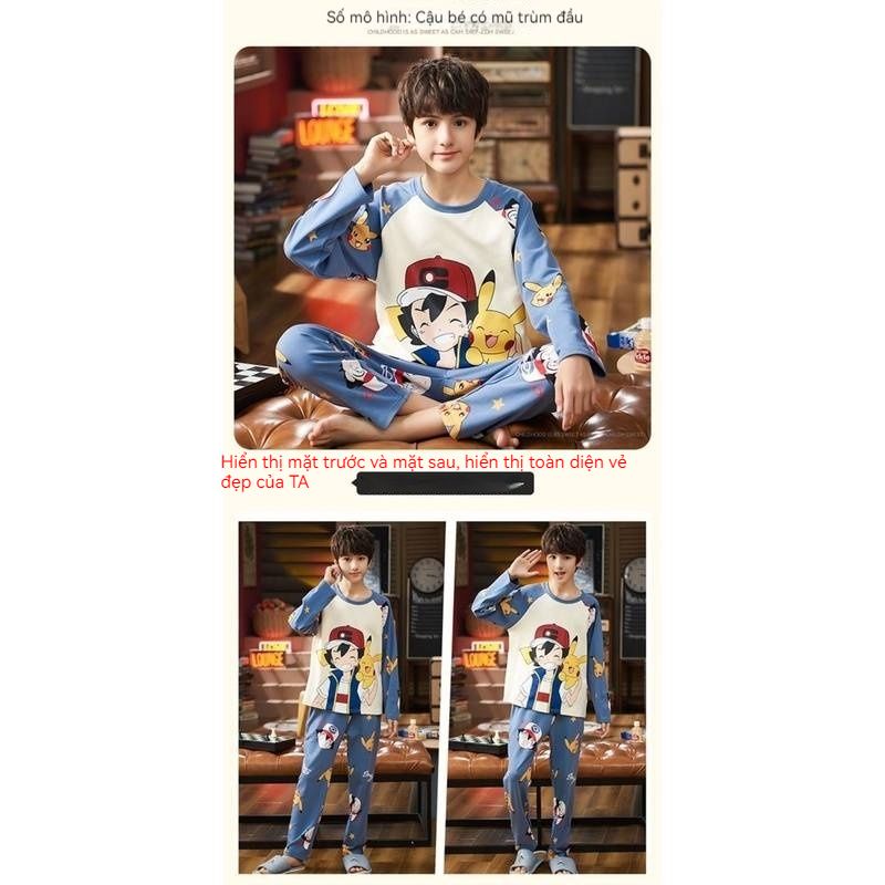 Pokemon kids Clothes  Pajamas Xiaozhi Pikachu Pajamas Summer Thin Long Sleeve Pants Cartoon Pajamas Children's Boys and Girls Indoor Home Pajamas Set Set Luffy Dinosaur Pajamas Two-piece Set