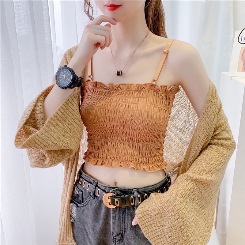 Áo croptop 2 dây rút nhún thân siêu xinh - áo bra 2 dây nữ Dễ thương