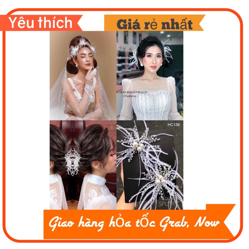 Sét 2 Cài Tóc Cô Dâu pha lê phối lông vũ màu trắng