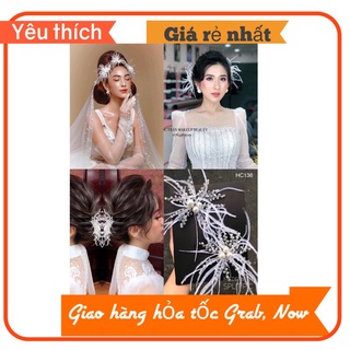 Sét 2 Cài Tóc Cô Dâu pha lê phối lông vũ màu trắng