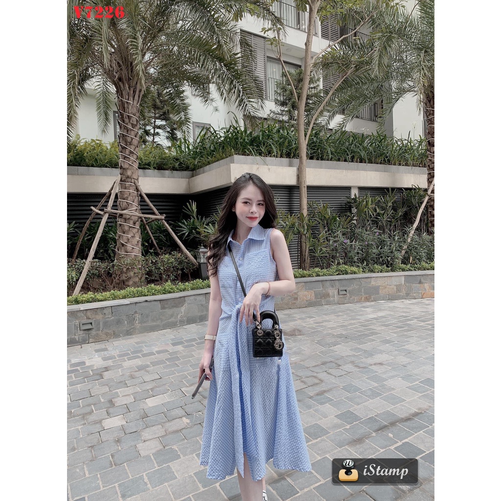 Đầm kẻ xanh thắt đai eo 2 kiểu