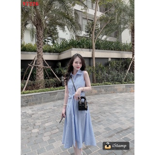 Đầm kẻ xanh thắt đai eo 2 kiểu
