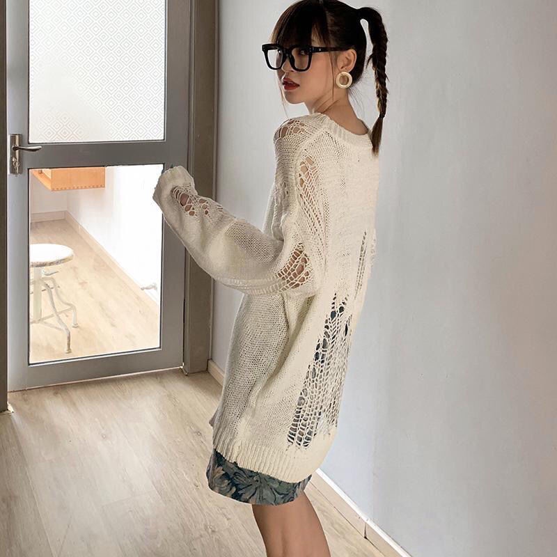 Áo sweater mặc chui đầu phong cách Hàn Quốc thiết kế rỗng thời trang mùa hè tay dài dệt kim mỏng dành cho nữ