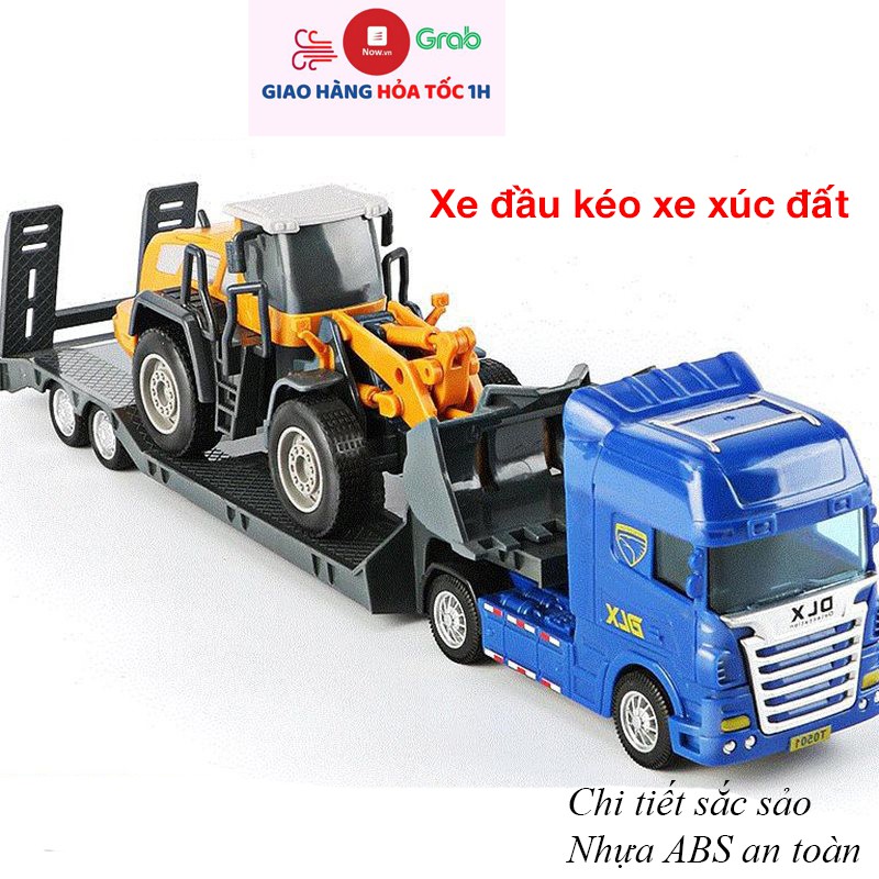 Đồ chơi xe đầu kéo chở xe xúc đất (gồm 2 xe) nhựa ABS an toàn chạy đà tháo được rơ móc