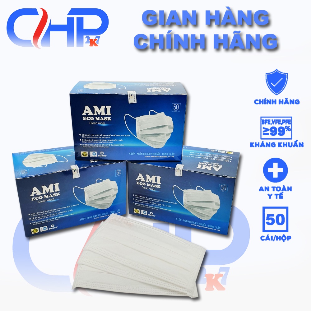 (Màu trắng)Hộp khẩu trang y tế Ami màu trắng 4 lớp 50 cái