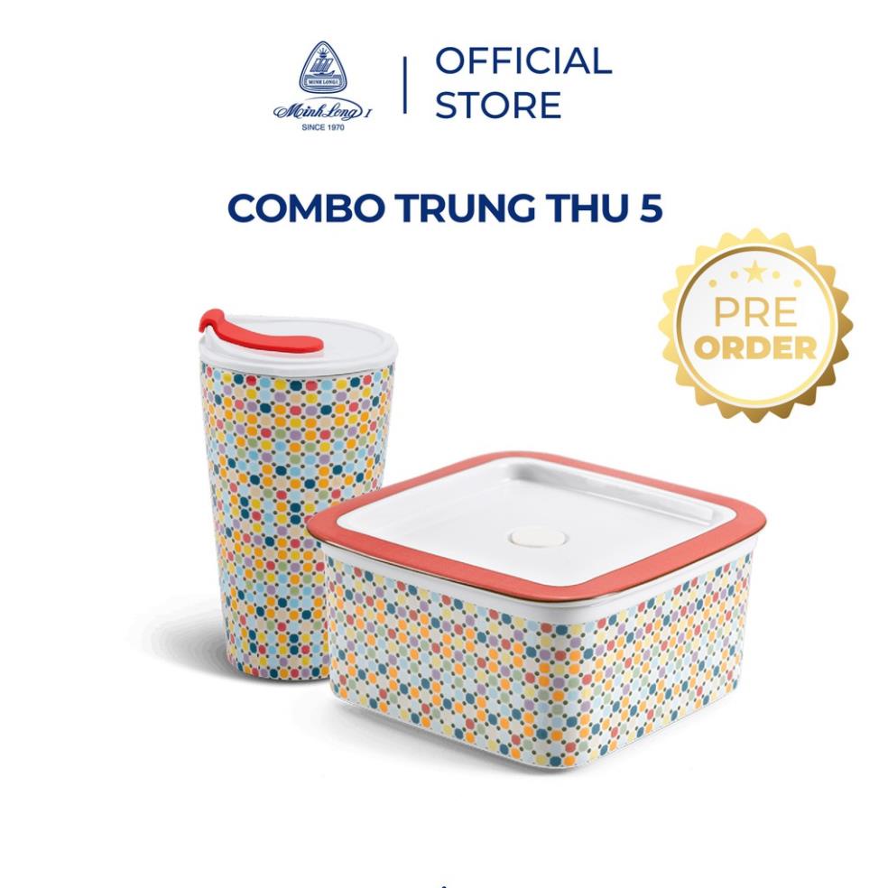 Combo trung thu: Bộ quà tặng hộp sứ + ly sứ dưỡng sinh Minh Long hoa văn Mosaic kèm hộp và túi giấy sang trọng (cb5)
