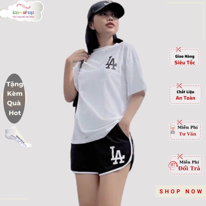 Set bộ thể thao nữ in logo LA áo tay lửng kèm quần đùi ngắn Q651 chất liệu thun cotton dưới 52kg mặc đi chơi dạo phố