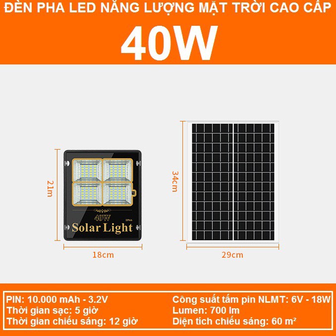 Đèn pha LED 40W năng lượng mặt trời cao cấp (chip SMD + pin 14-16 giờ + tấm pin NLMT lớn hiệu suất cao)