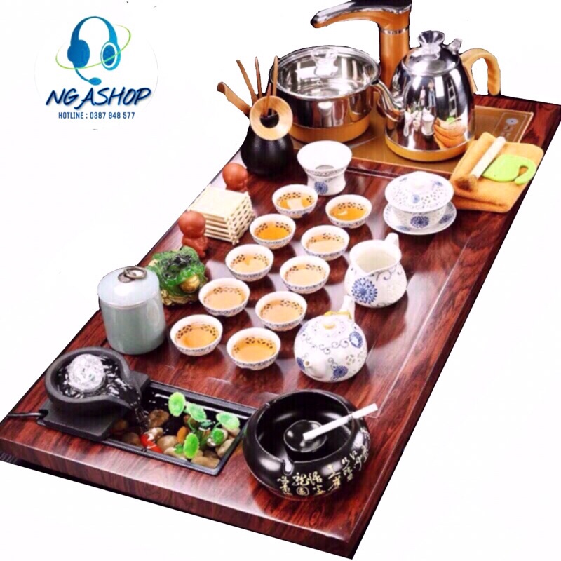 Bàn trà điện thông minh tự động , khay gỗ dòng chảy cối xay đá 0116 Bếp đun nước cảm ứng đa năng kèm bộ ấm chén trà đạo